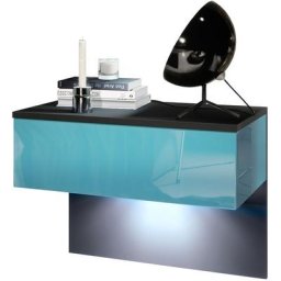 Table de nuit Sleep, table de nuit avec tiroir pour montage mural, noir mat - Façades en Turquoise