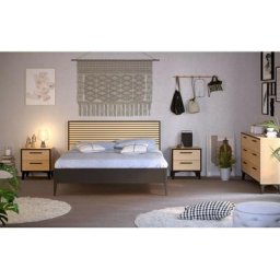 Chambre complète Bobochic xs - Chambre complète lineas avec Lit + 2 chevets + Commode Hêtre et noir