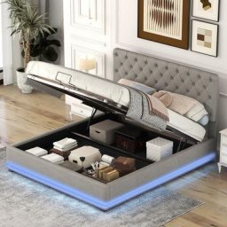 Lit coffre double 140 x 200 cm avec éclairage led, tête de lit réglable en hauteur, sommier à