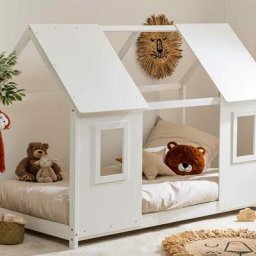 Lit cabane Montessori pour Enfant en Bois Blanc avec Sommier à Lattes et fenêtres 190 x 90 cm