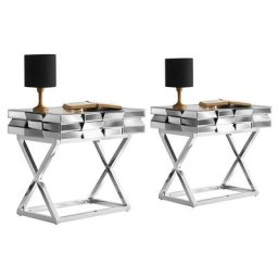 Lot De Deux Table De Chevet En Verre Miroir Verre 3d, Verre, Chrome, Miroir, Rectangulaire, Style