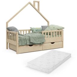 Lit cabane ""Noemi 80x160cm Nature avec matelas et 2 tiroirs Vitalispa