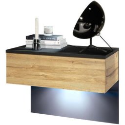 Table de nuit Sleep, table de nuit avec tiroir pour montage mural, noir mat - Façades en Chêne