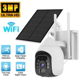 Camera de Surveillance exterieure solaire ptz 3MP WiFi avec Panneaux Solaires 5W, Batterie 10000mAh
