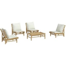 Salon de jardin 5 pcs avec coussins blanc crème bambou Vidaxl n/a