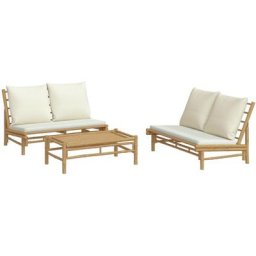Salon de jardin 3 pcs avec coussins blanc crème bambou vidaXL - N/A