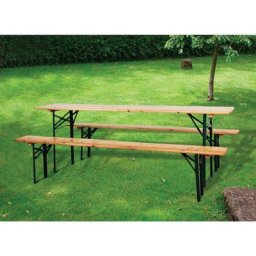 Brasserie ensemble plateau de table en acier et bancs en bois pliants jardin exte'rieur de