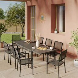 Ensemble Table de jardin extensible aluminium 135/270cm + 8 Fauteuils empilables corde Anthracite