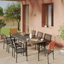 Ensemble Table de jardin extensible aluminium 135/270cm + 8 Fauteuils empilables corde Anthracite