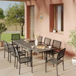 Ensemble Table de jardin extensible aluminium 135/270cm + 8 Fauteuils empilables en corde