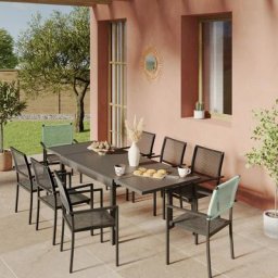 Ensemble Table de jardin extensible aluminium 135/270cm + 8 Fauteuils empilables corde Anthracite