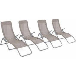 Lot de 4 bains de soleil pliants - Levito Taupe - Transats textilène 2 positions, chaises longues