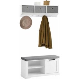 Sobuy - FRG282-W + FSR84-W Meuble d'Entrée Ensemble Portemanteau Mural 3 Tiroirs + Banc de