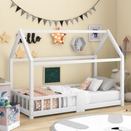 Lit cabane Enfant 90 x 200 cm Blanc avec sommier et barrières