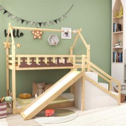 Lit superposé en pin - lit cabane d'enfant avec escalier, barrières, escalier de rangement,