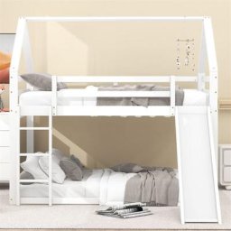 Lit cabane d'enfant double 140x200cm - lit de maison it superposé avec toboggan et échelle,