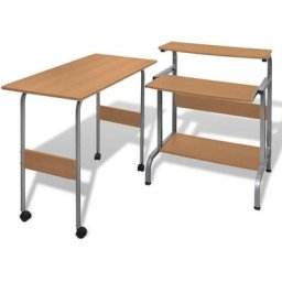 Bureau table meuble travail informatique réglable brun pour ordinateur avec roulettes - Marron