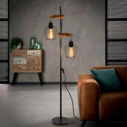 Lampadaire vintage, pour salon, à 2 lampes, design industriel, en métal et bois,avec interrupteur,