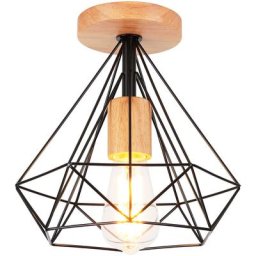 Plafonnier Industriel en Forme Diamant Lustre Moderne Luminaire en Métal et Bois E27 pour Chambre