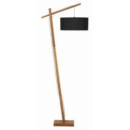 Achille - Lampadaire en Bois Naturel Abat-Jour Tissu Noir - Marron clair