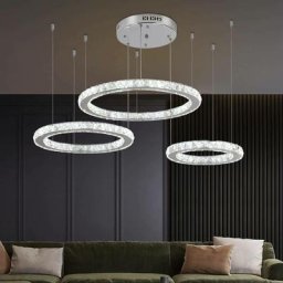Lustre en cristal moderne à LED allumant 3 anneaux luminaire suspendu réglable en hauteur pour le