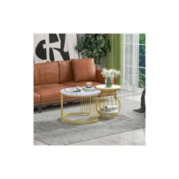 Lot de 2 Tables d'appoint Rondes,marbre Table basse ronde à 2 étages， Grande : 70 x 70 x 45.5 cm