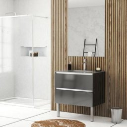 Pack Meuble de salle de bains 80cm Gris Laqué à tiroirs et Vasque en Verre Gris - natura mood