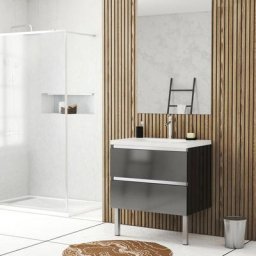 Pack Meuble de salle de bains 80cm Gris Laqué à tiroirs et Vasque en résine Blanche - natura mood