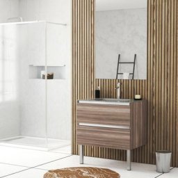 Pack Meuble de salle de bains 80cm Chêne Brun à tiroirs et Vasque en Verre Gris - natura mood