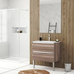 Pack Meuble de salle de bains 80cm Chêne Brun à tiroirs et Vasque en Verre Blanc - natura mood