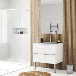 Pack Meuble de salle de bains 80cm Blanc Laqué à tiroirs et Vasque en Verre Gris - natura mood