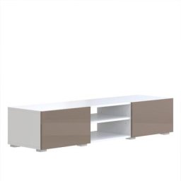 ATLANTIC Meuble tv structure blanche et portes laquées taupe brillant moyen modèle