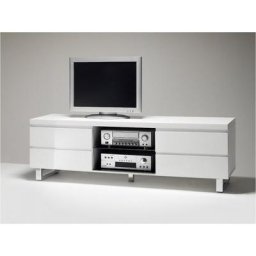 Meuble TV ALTONA blanc finition laque brillantte 4 tiroirs 1 niche