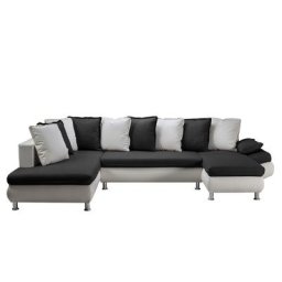 Canapé d'angle convertible panoramique HAMILTON tissu savana noir et PU blanc