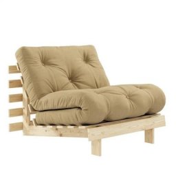 Fauteuil convertible futon ROOTS pin naturel coloris beige blé couchage 90 x 200 cm.