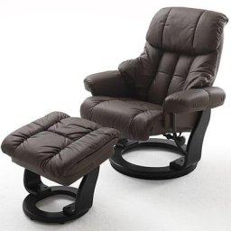 Fauteuil relax CLAIRAC assise en cuir marron pied en bois noir avec repose pied