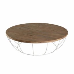 Table Basse SIXTINE ronde en bois finition teck recyclé piétement blanc