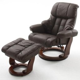 Fauteuil relax CLAIRAC assise en cuir marron pied en bois noyer avec repose pied