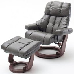 Fauteuil relax CLAIRAC XL assise en cuir nougat pied en bois couleur noyer avec repose pied