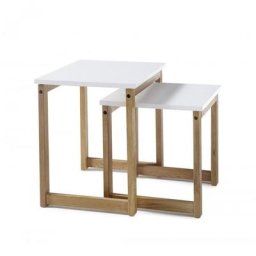 Lot de 2 tables basses gigognes REGAT plateaux laqués blancs pietements chêne massif