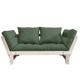 Banquette méridienne futon BEAT pin naturel tissu coloris vert olive couchage 75*200 cm.