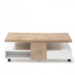 Table basse REAUX 120 x 60 cm décor chêne et blanc laque mat
