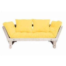 Banquette méridienne futon BEAT pin naturel tissu jaune couchage 75*200 cm.