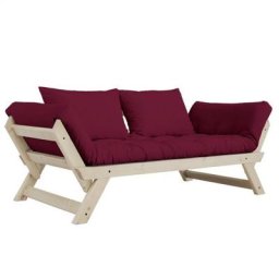 Banquette méridienne futon BEBOP bordeaux et pin naturel couchage 75*200 cm.