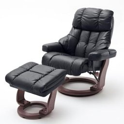 Fauteuil relax CLAIRAC XL assise en cuir noir pied en bois couleur noyer avec repose pied