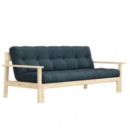 Canapé convertible futon UNWIND pin naturel coloris bleu pétrole 130 x 190 cm.
