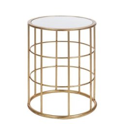Bout de canapé rond ECOR métal coloris or étagère verre.