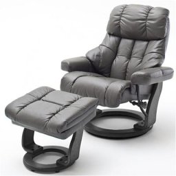 Fauteuil relax CLAIRAC assise en cuir nougat pied en bois noir avec repose pied