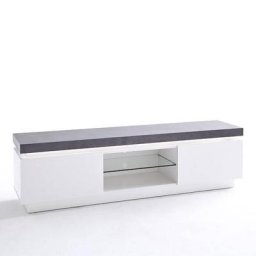 Meuble TV design ATLANTIC CITY laqué blanc mat et béton 2 portes LED blanc inclus