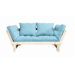 Banquette méridienne futon BEAT pin naturel tissu bleu clair couchage 75*200 cm.